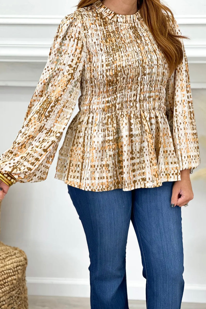 Taupe Printed Smocked Long Sleeve Top