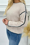 Oatmeal Contrast Stitch Long Sleeve Sweater