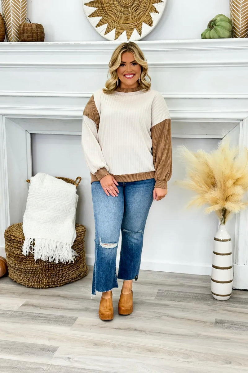 Cream Combo Ribbed Mix Contrast Top