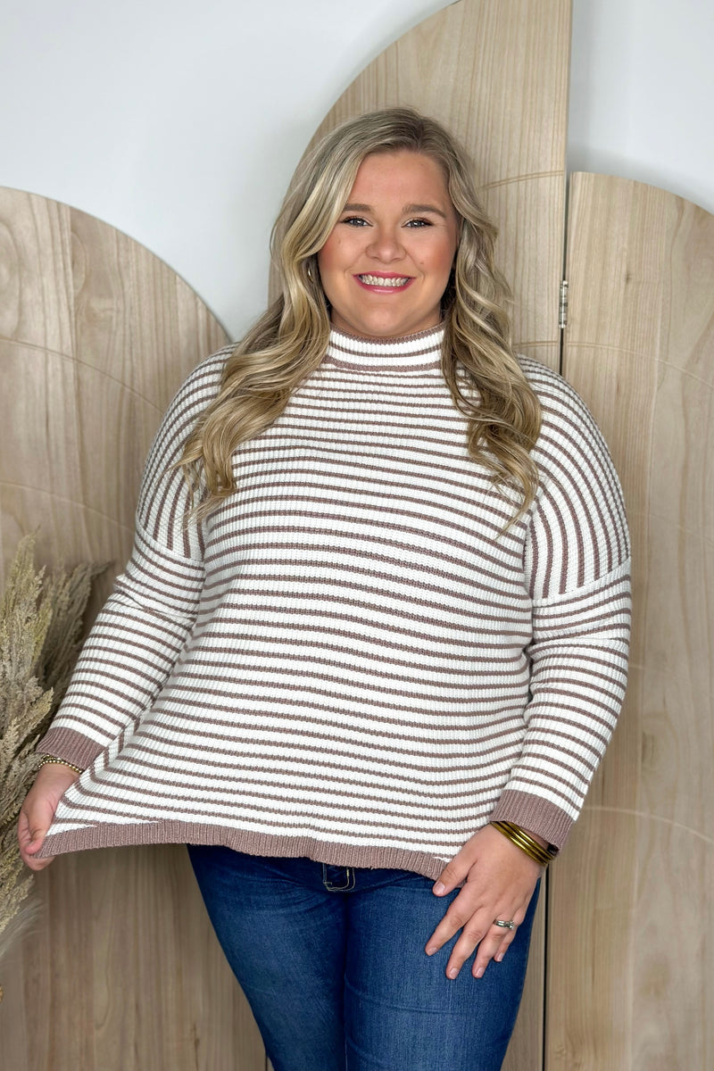 Mocha Striped Mock Neck Tunic Sweater