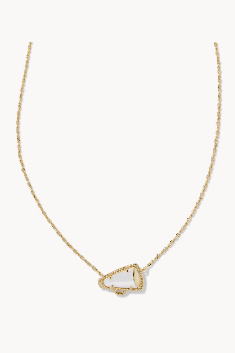 Gold necklace with a white mother of pearl cheer pendant