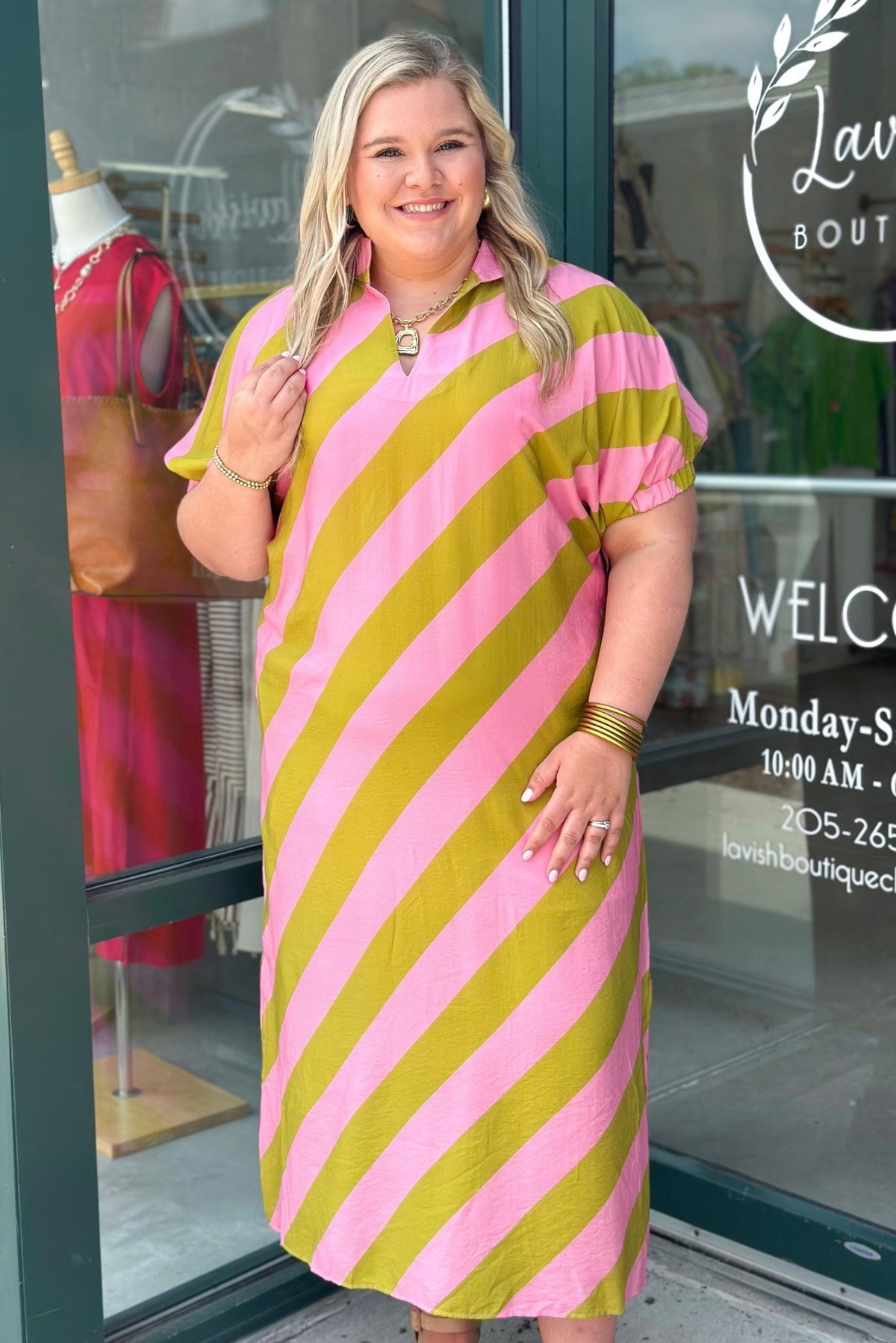 Bright kiwi and pink stripe maxi dress in a soft rayon blend