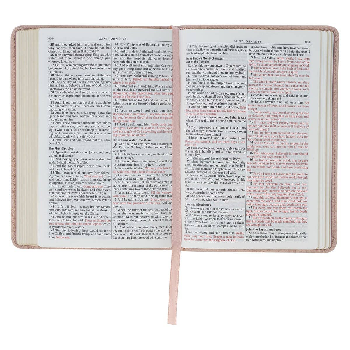 Small pink faux leather Bible with a soft flexible cover