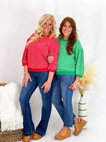 Red Ribbed Puff Sleeve Top