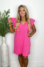 Hot Pink Ribbed Ruffle Sleeve Dress