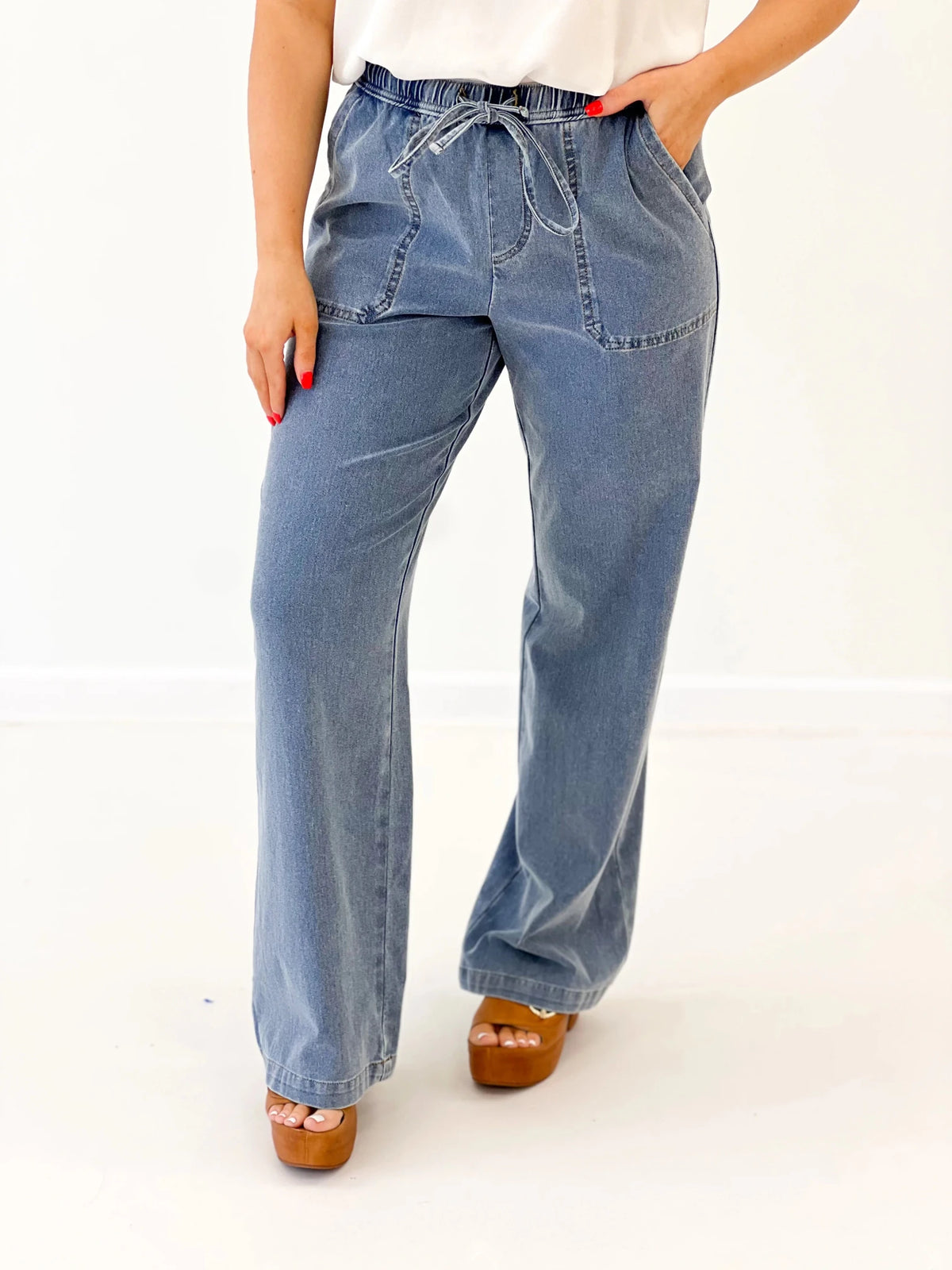 Knit Denim Wide Leg Pants - Lavish BoutiqueBottoms