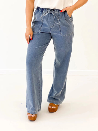 Knit Denim Wide Leg Pants - Lavish BoutiqueBottoms