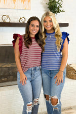 Blue Mixed Media Striped Knit Top