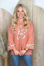 Chai Latte 3/4 Sleeve Flower Patch Top