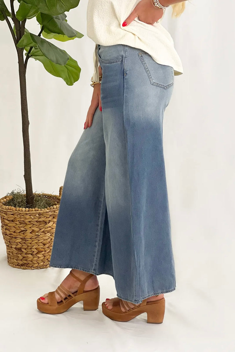 Light Denim Tie Waist Wide Leg Denim Pants