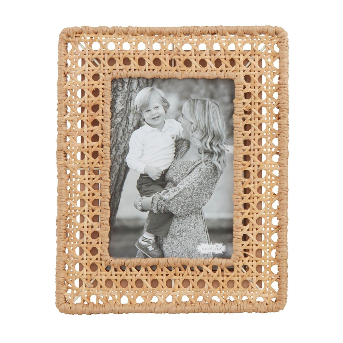 Large picture frame wrapped in natural woven cane