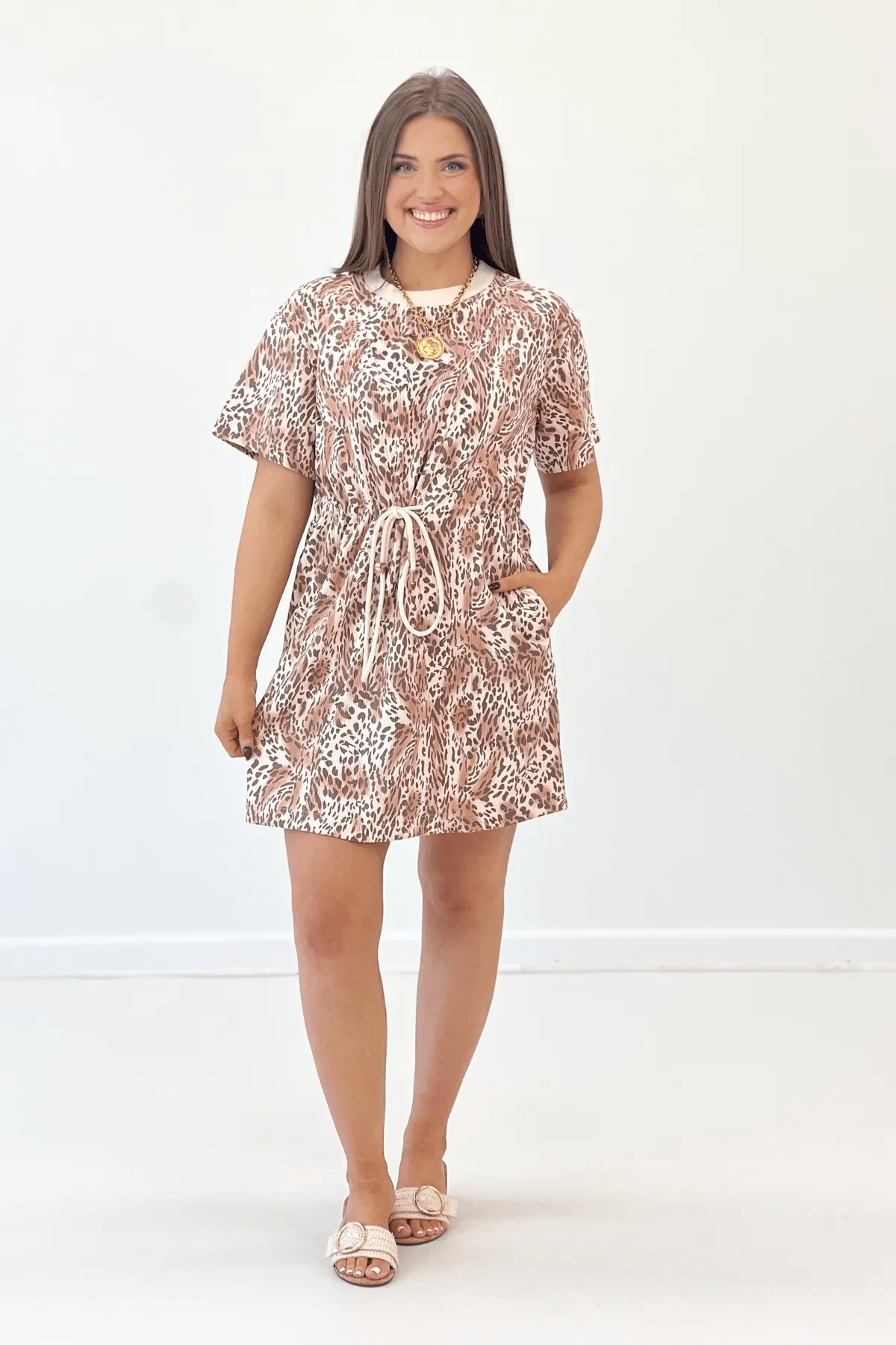 Stretchy animal print dress in a warm latte tone
