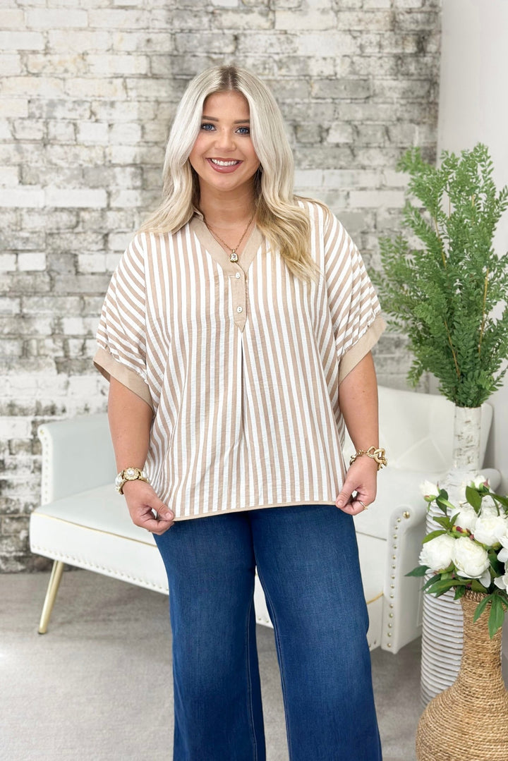 Latte Stripe Collared Oversized Top - Lavish Boutique Tops