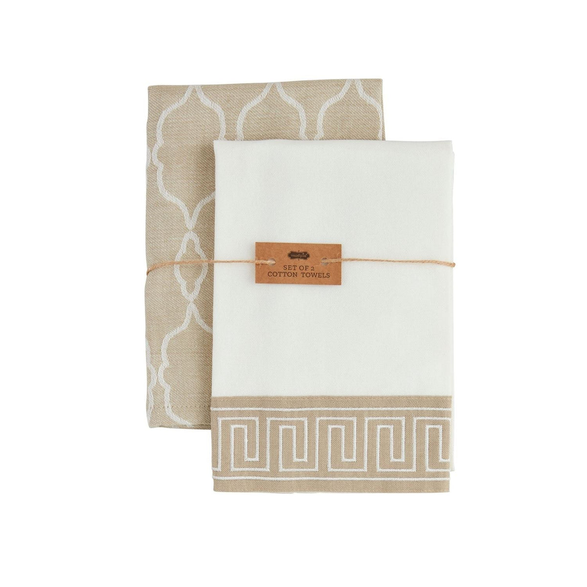 Set of two cotton kitchen towels in a tan and white lattice pattern