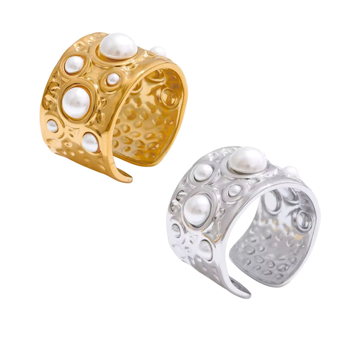 Lauren Kenzie Ella Hammered Pearl Ring Gold - Lavish Boutique09-JEWELRY