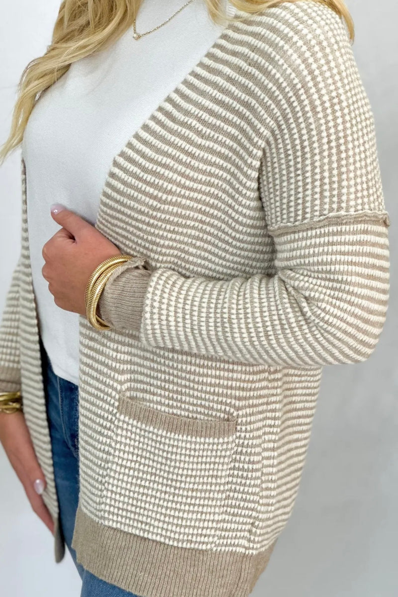 Stone Waffle Textured Open Front Cardigan