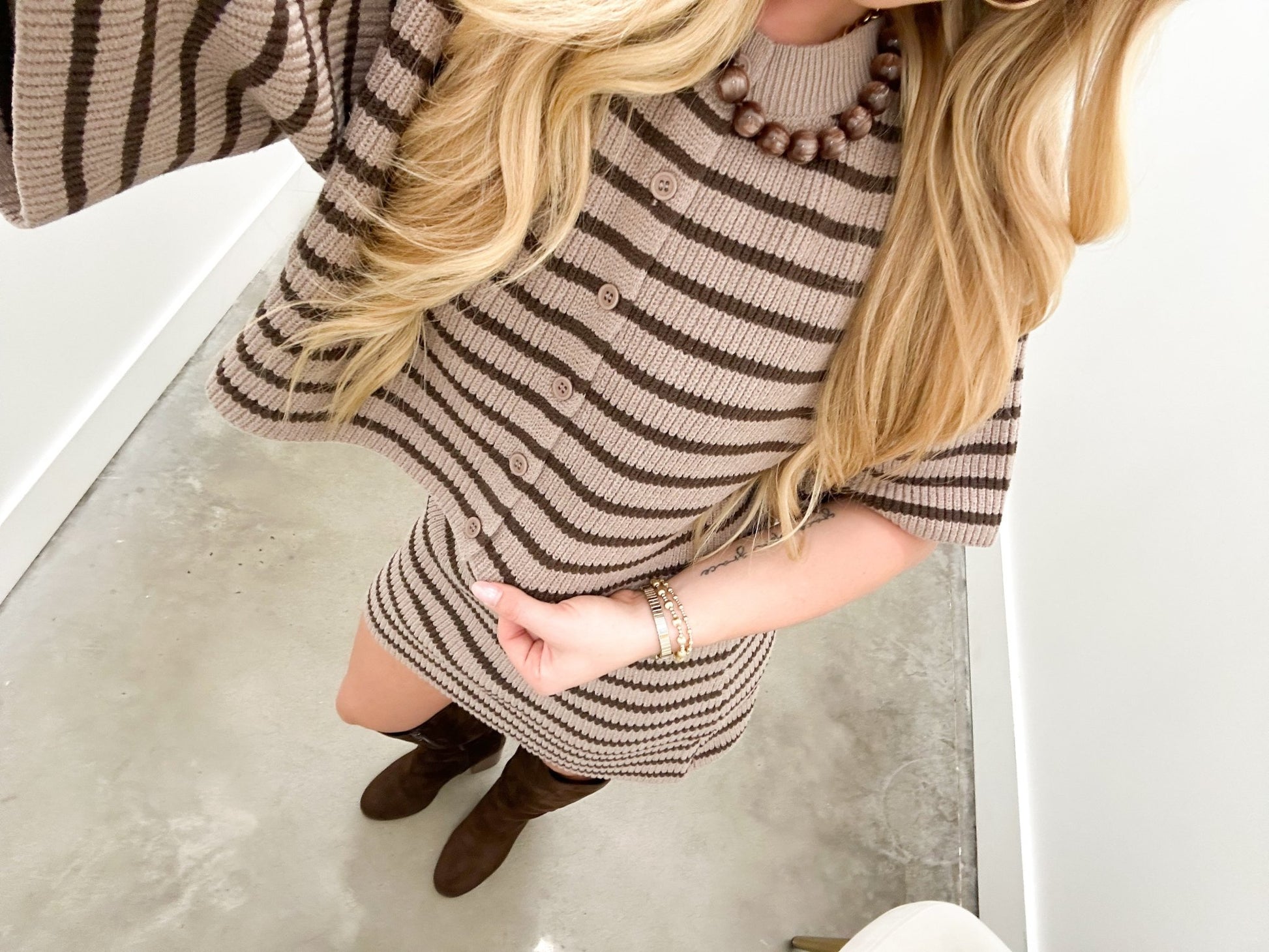 Taupe stripe knit set with a short skort