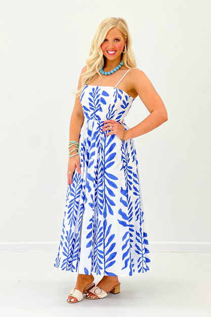 Blue leaf print midi dress in soft breathable cotton