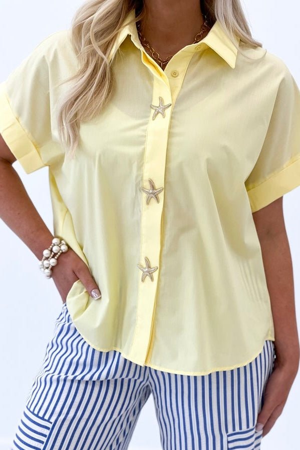 Lemon Starfish Button Detail Short Sleeve Top - Lavish Boutique Tops