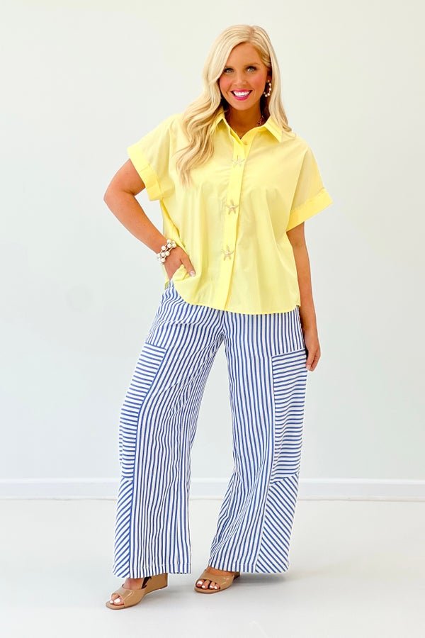 Lemon Starfish Button Detail Short Sleeve Top - Lavish Boutique Tops