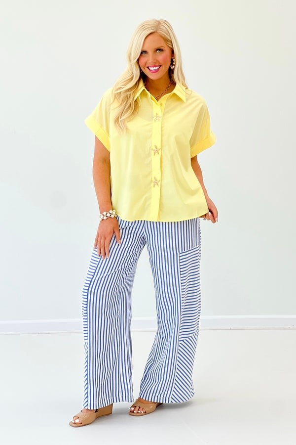 Lemon Starfish Button Detail Short Sleeve Top - Lavish Boutique Tops