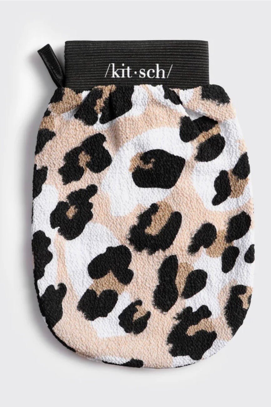 Exfoliating shower glove in a leopard print