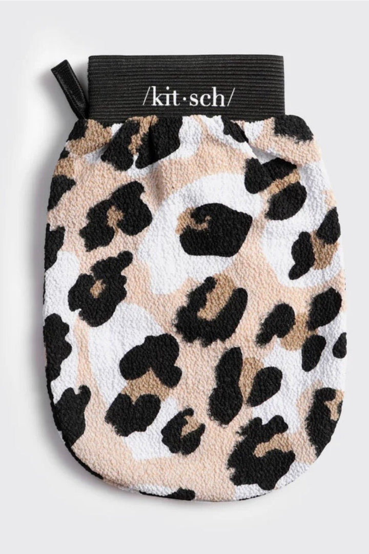 Exfoliating shower glove in a leopard print