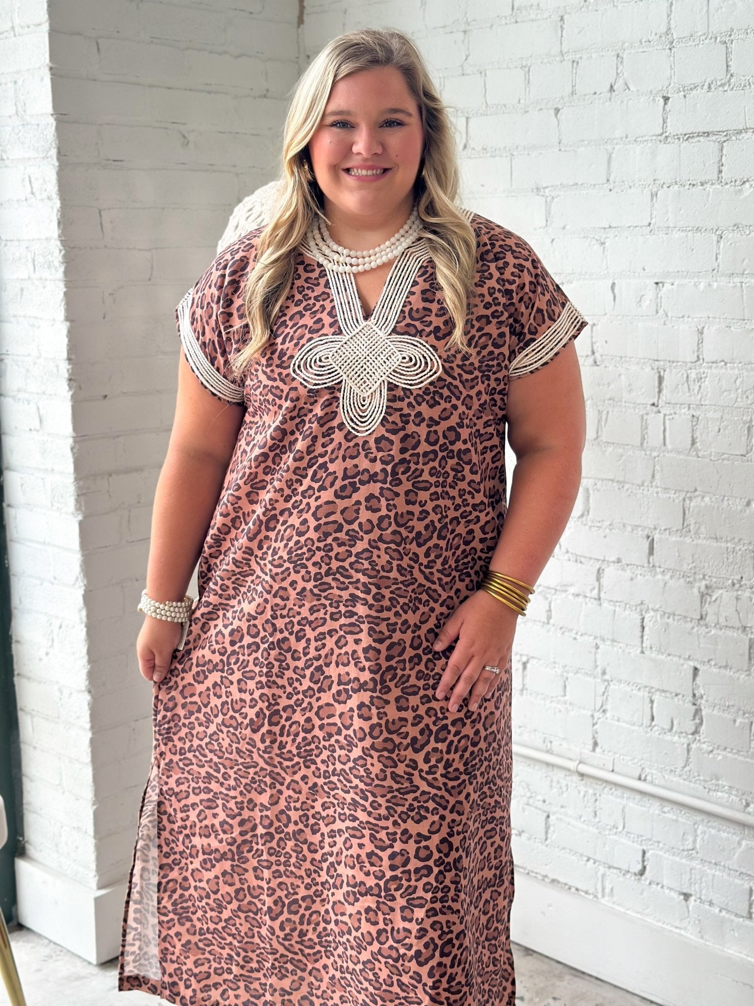 Brown leopard print midi dress with embroidered detail