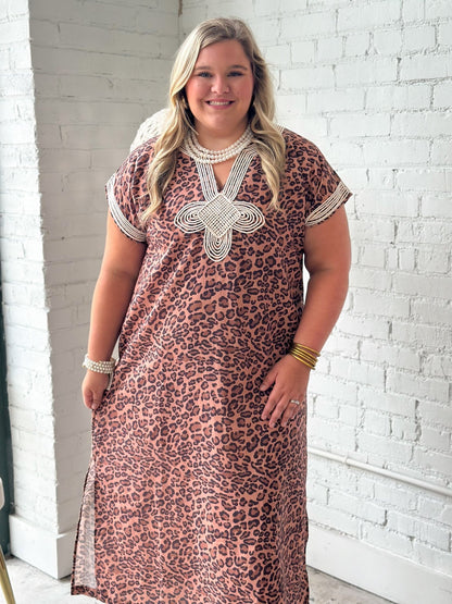 Brown leopard print midi dress with embroidered detail