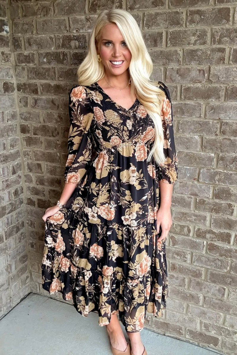 Black Floral Print Smocked Long Sleeve Dress