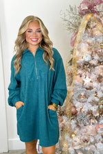 Teal Half Zip Knit Sweater Dress