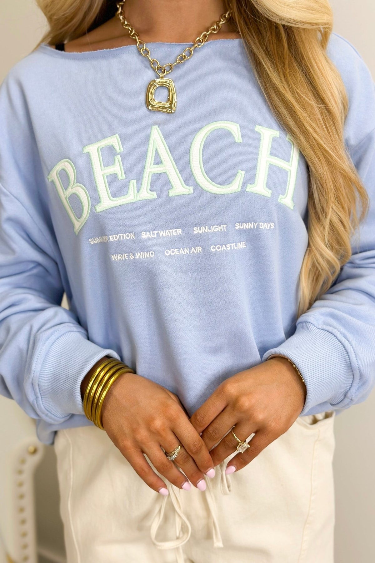 Light Blue Off The Shoulder Beach Embroidered Top - Lavish BoutiqueTops