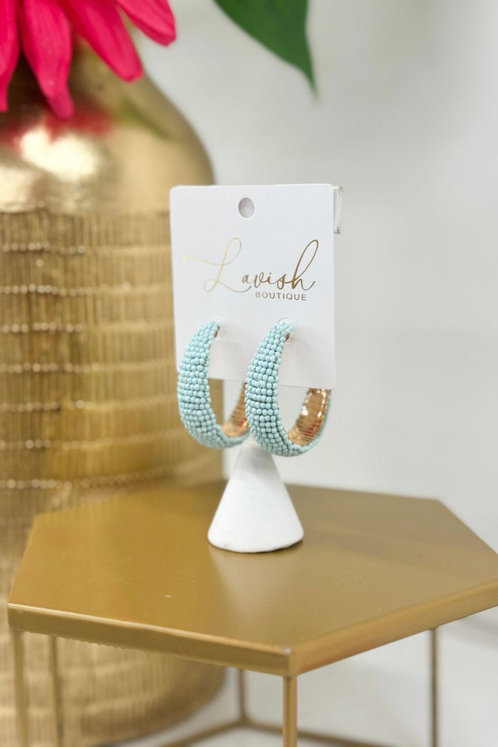 Light blue seed bead hoop earrings