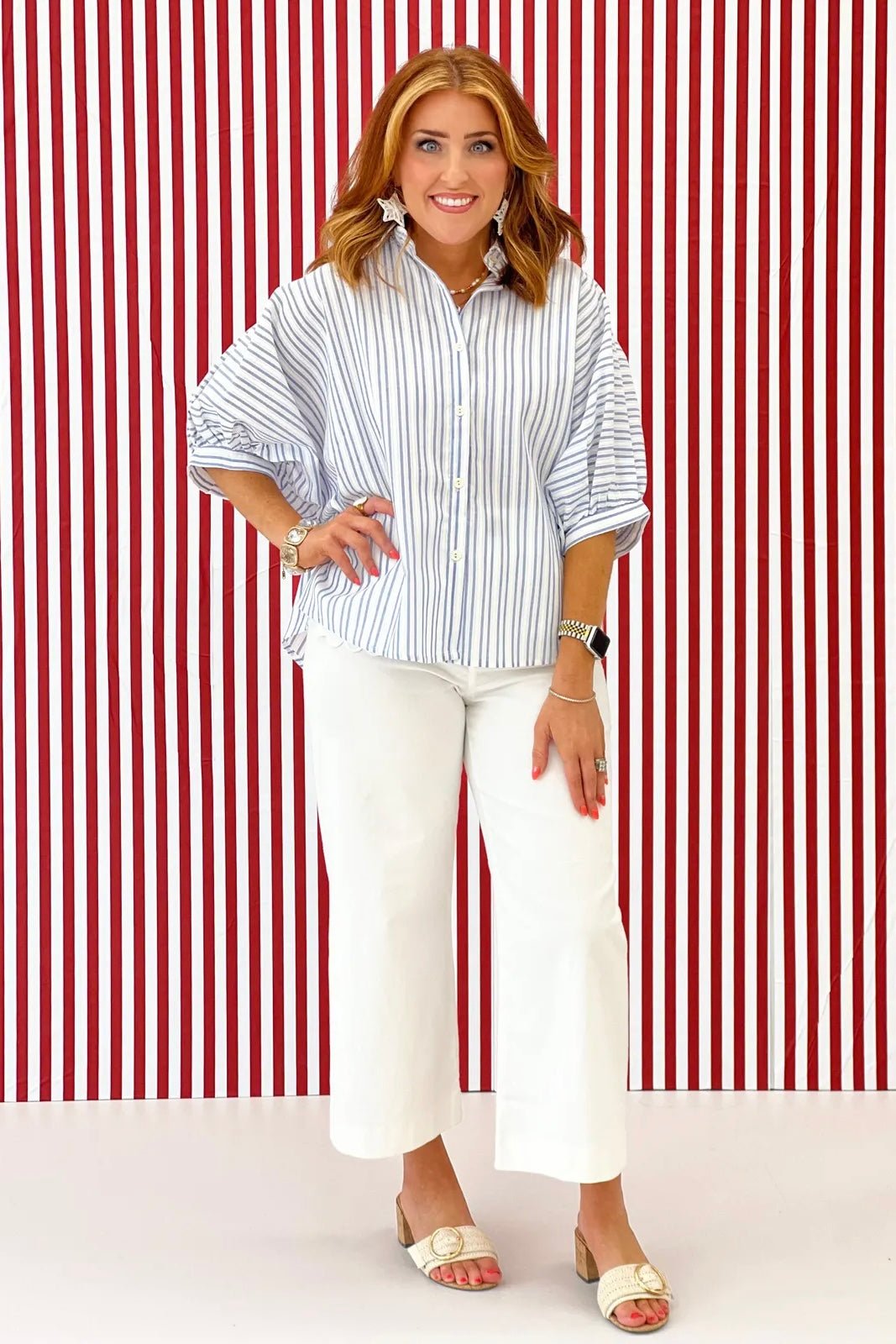 Light Blue Striped Bubble Sleeve Dolman Top - Lavish Boutique Tops