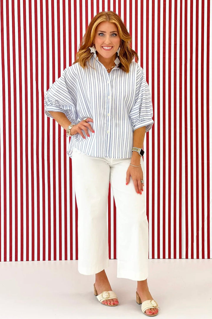 Light Blue Striped Bubble Sleeve Dolman Top - Lavish Boutique Tops