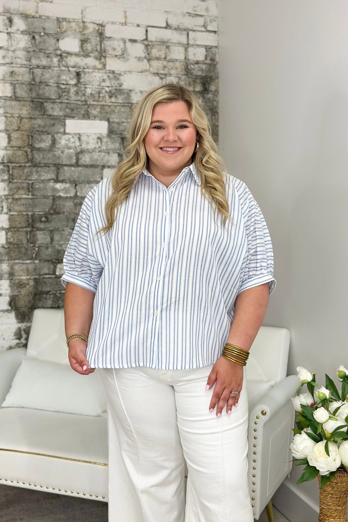 Light Blue Striped Bubble Sleeve Dolman Top - Lavish Boutique Tops