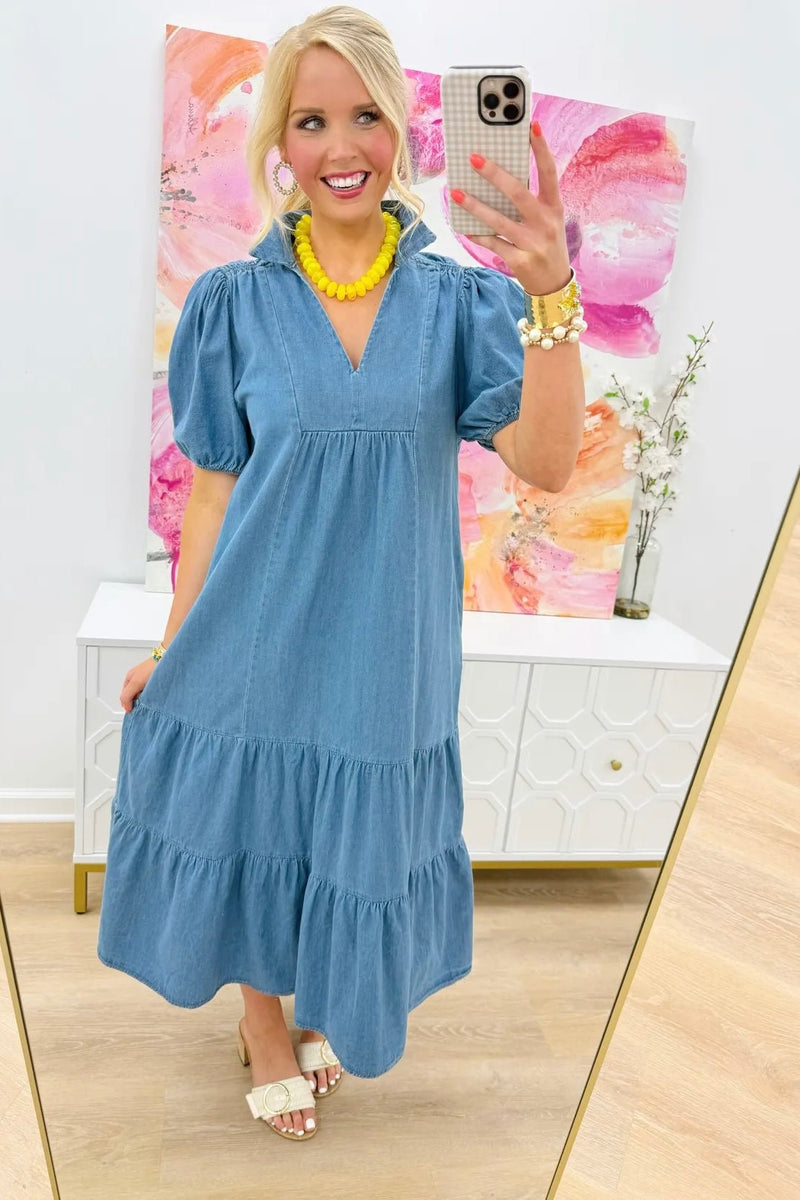 Light Denim Collared Tiered Midi Dress