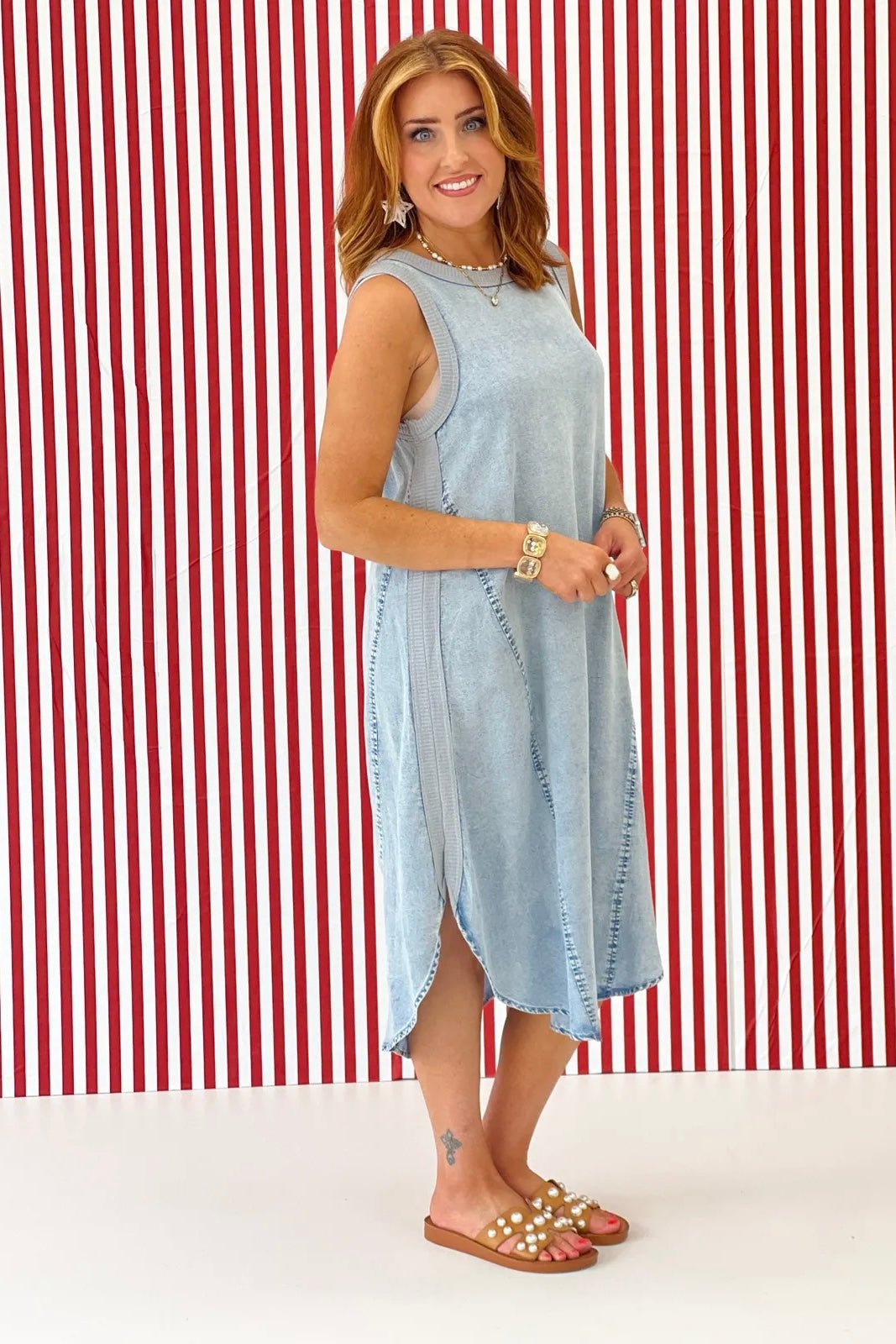 Tencel midi dress in light denim with a fluid drape