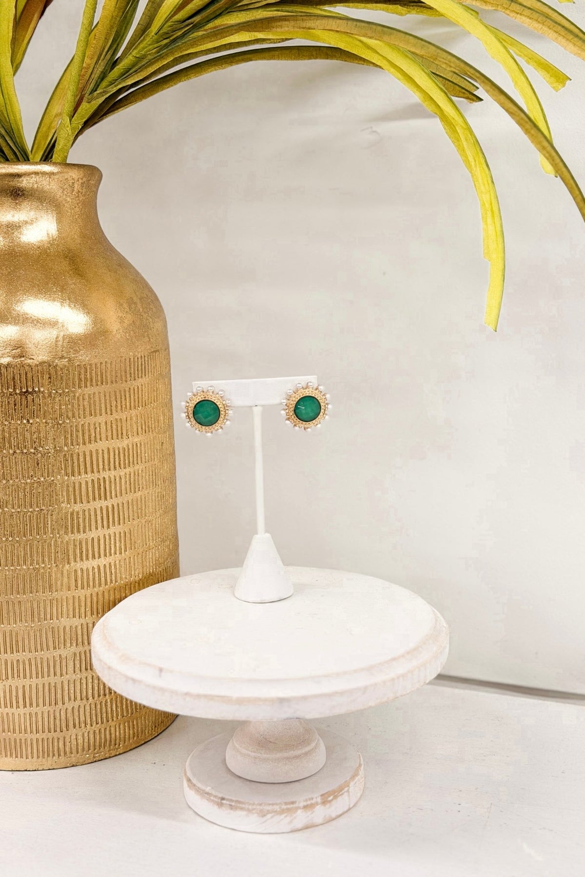 Light green and gold round earrings with dotted pearl detail