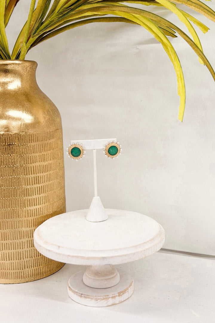 Light green and gold round earrings with dotted pearl detail