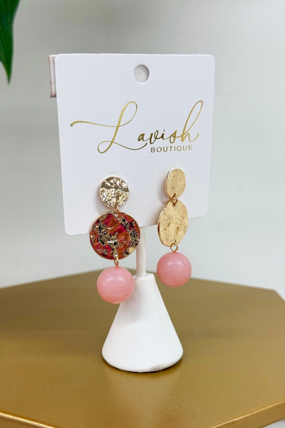 Pink round and ball earrings with a hammered texture