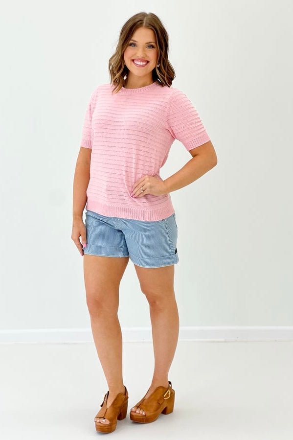 Light Pink Textured Stripe Sweater Top - Lavish Boutique Tops