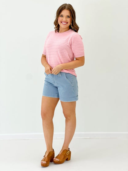 Light Pink Textured Stripe Sweater Top - Lavish Boutique Tops
