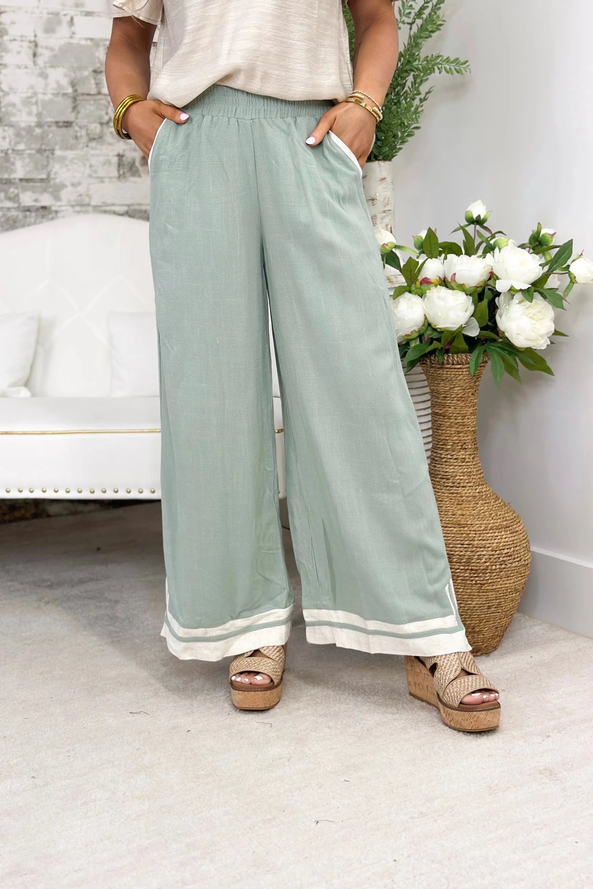 Linen Blend Hem Detail Pant - Lavish Boutique