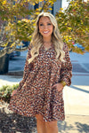 Brown Mix Corduroy Collared Floral Dress