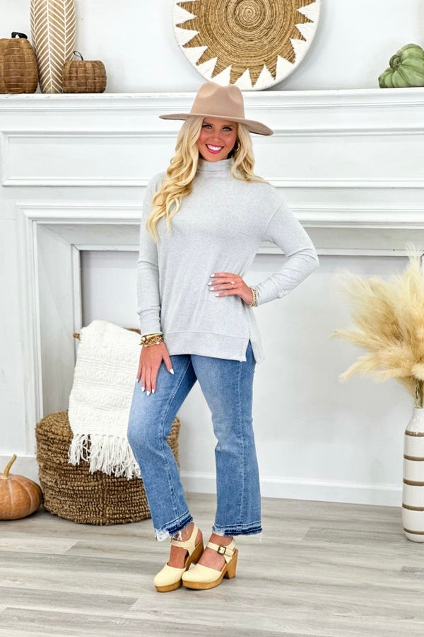 Heather Grey Mock Neck Split Hem Top