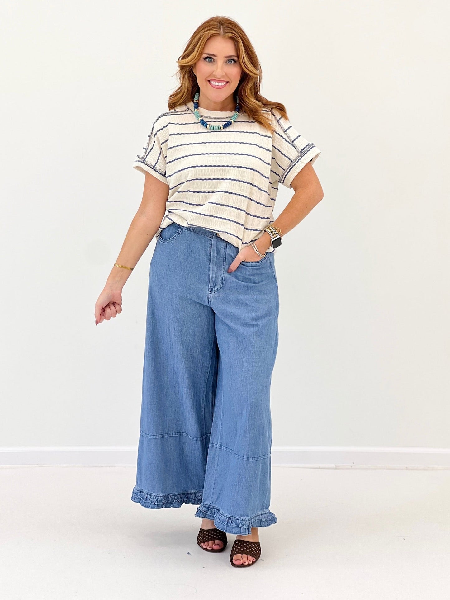 Textured stripe short sleeve top in denim blue