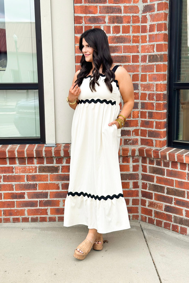 Cream and Black Contrast Smocked Back Maxi Dress