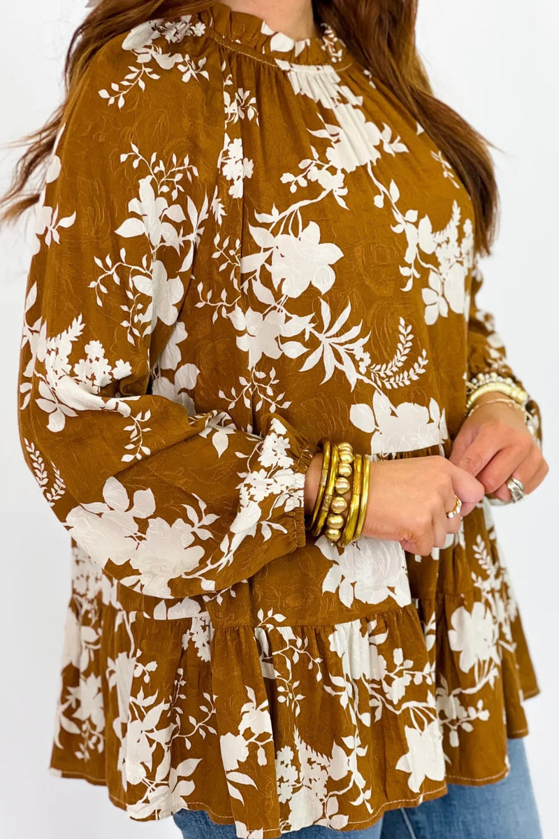 Caramel Floral Print Long Sleeve Top