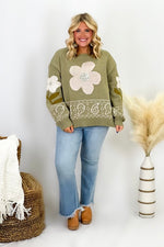 Olive Chenille Flower Sweater Top